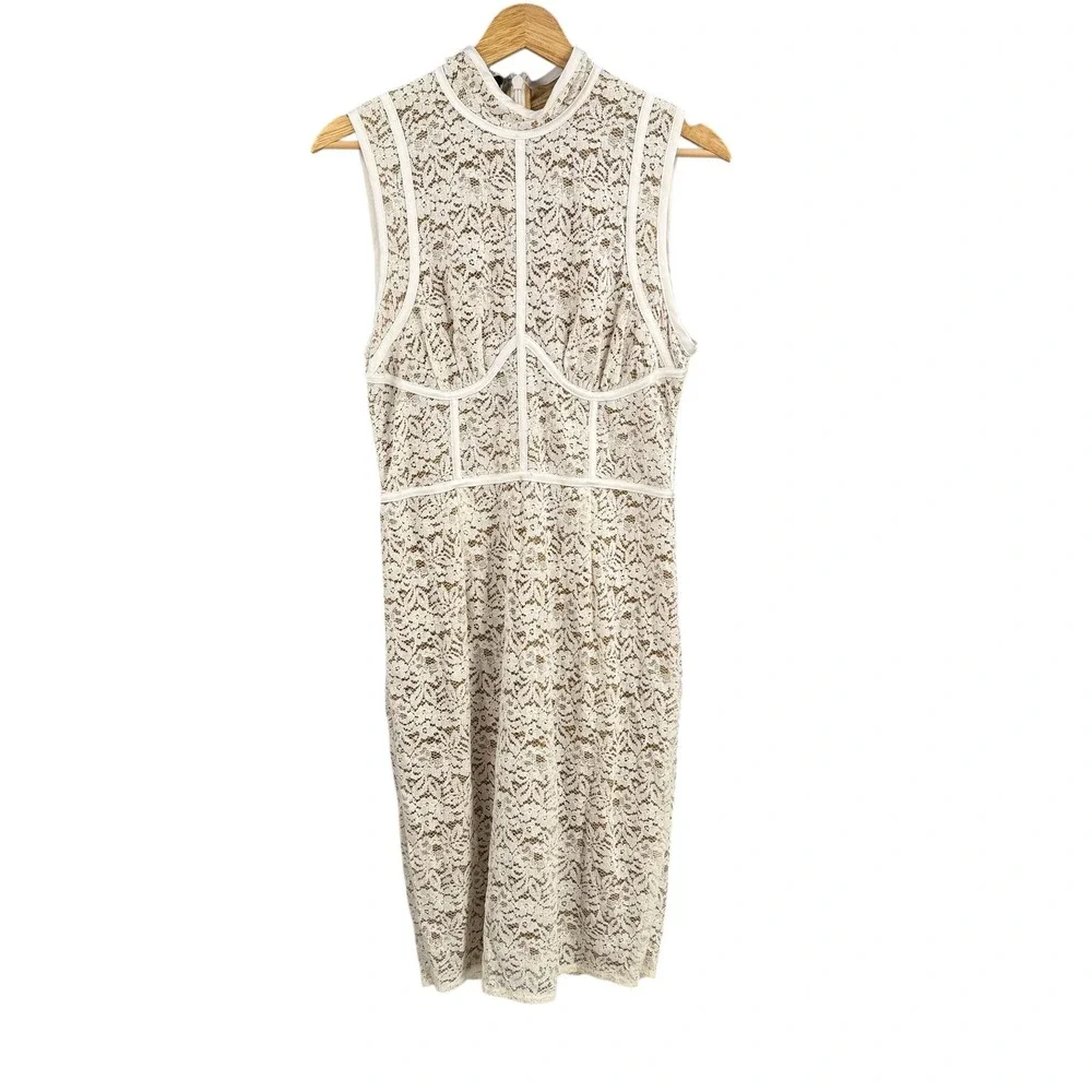 House of CB Caitlyn Lace Bodycon Dress Size Large White Sleeveless Mock Neck - Picture 4 of 10
